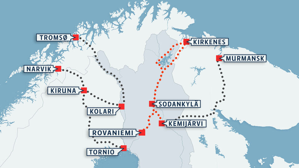 Five alternative routes were examined in the original Arctic rail line concept study. Map: Yle Uutisgrafiikka