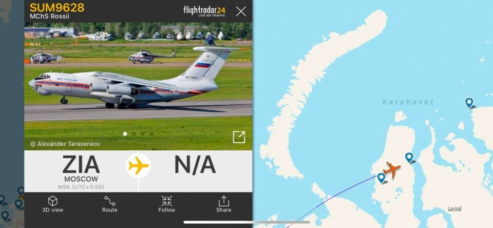 Ilyushin-76 from Emercom on its way to Sabetta, 25th April. Screenshot from Flight Radar