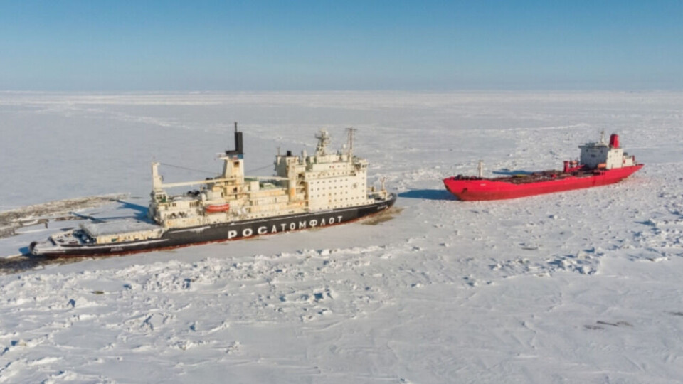 The oil tanker 'Varzuga' was assisted by the nuclear-powered icebreaker 'Vaigach' in the Ob Bay. Photo: Rosatomflot