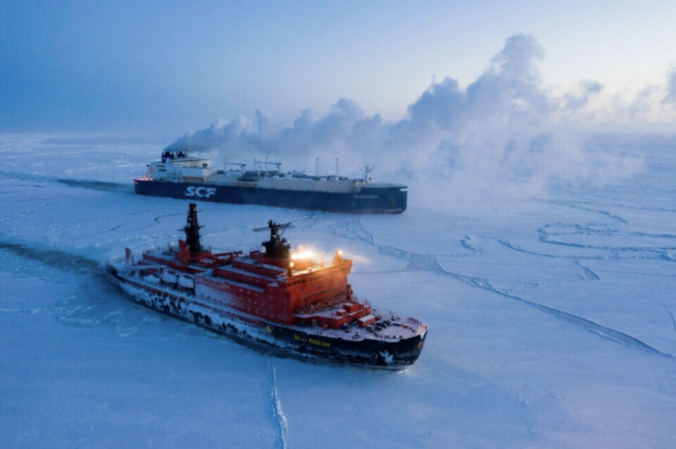 A nuclear-powered icebreaker assures safety for a LNG carrier sailing north of Siberia en route to Asia. Photo: Rosatomflot