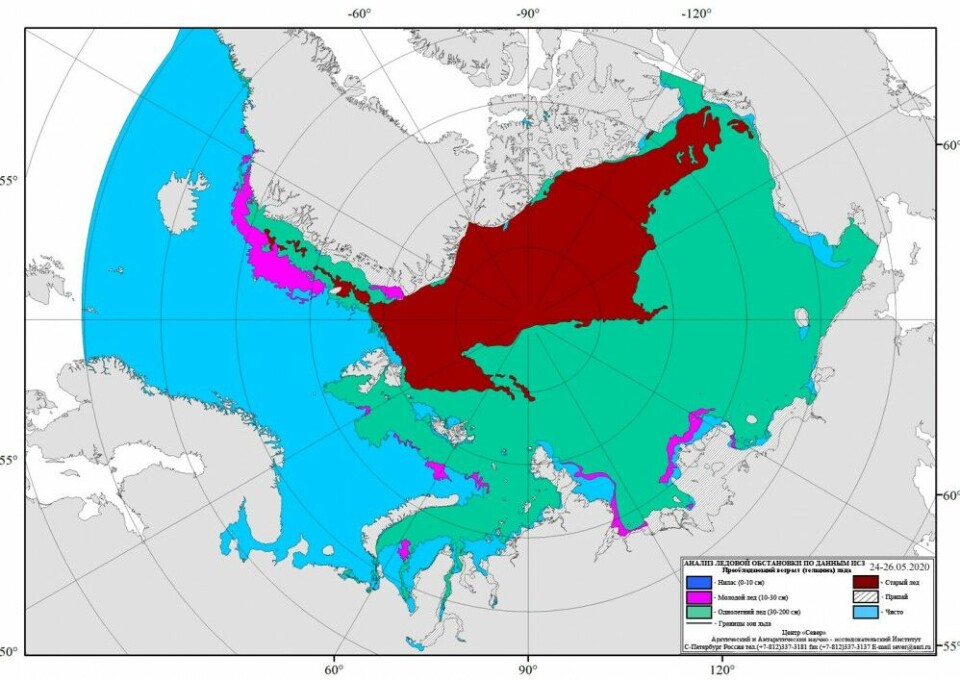Arctic sea ice conditions in period 24-26 May 2020. Map by aari.ru