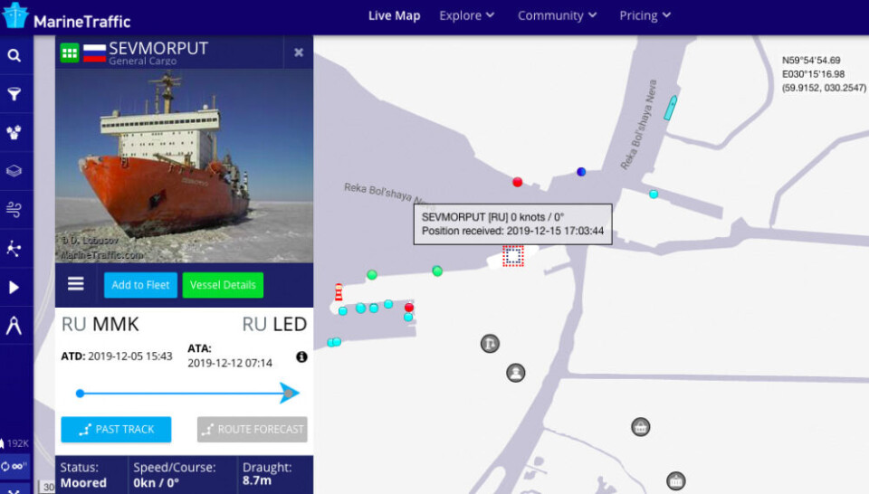 “Sevmorput” arrived to St. Petersburg on Thursday and is currently moored by the Neva River. Screenshot from MarineTraffic.com