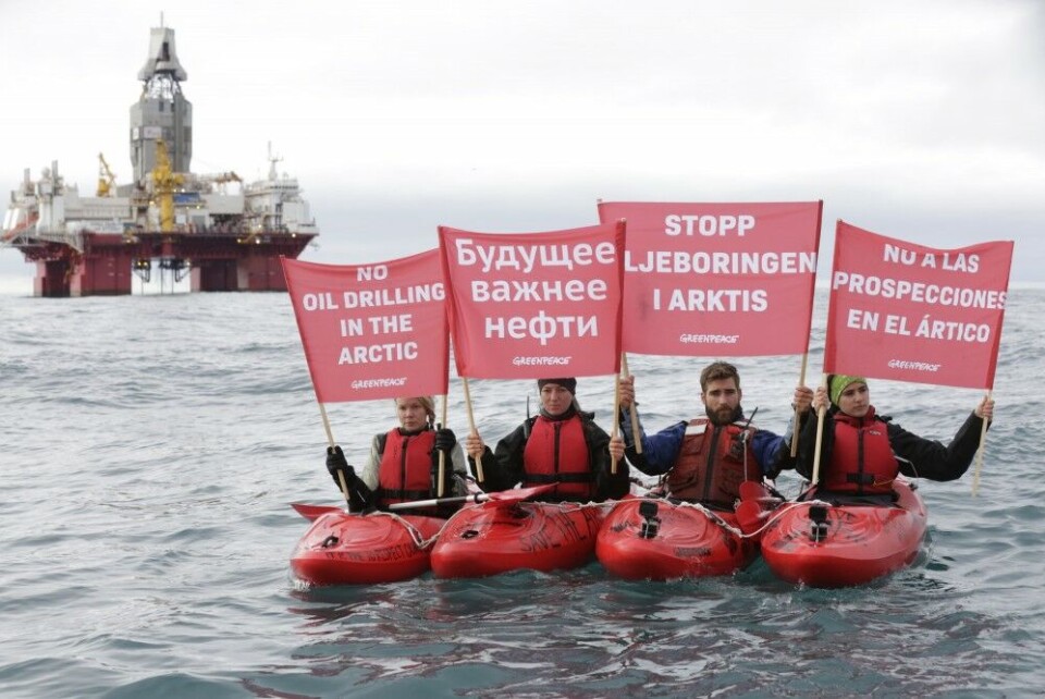 Kayaktivists ( pictured left to right ), Hanna Jauhiainen of Finland, Miriam Friedrich from Austria, Andreas Widlund form Sweden, and Dalia Kellou from Austria. Photo: Greenpeace