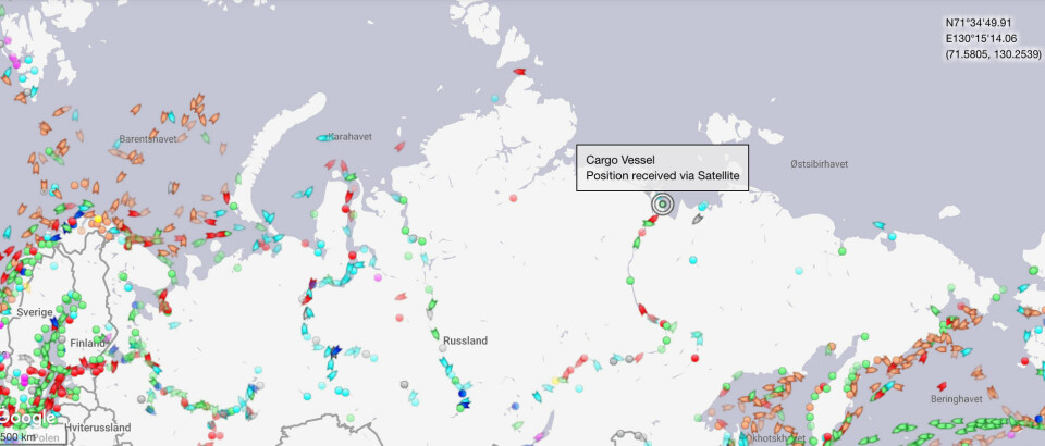 Big lift cargo ships in Tiksi awaiting reloading of goods on to river barges. Map by MarineTraffic