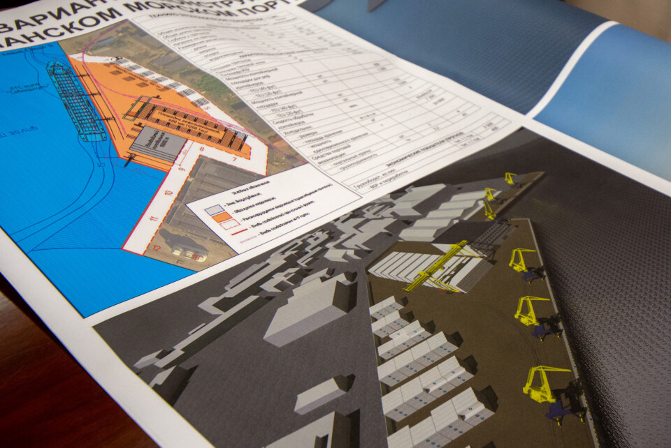 The orange marked area will be the new terminal’s artificially created land. The white areas mark today’s portside, while the grey marked area is aimed for upgarde of exisiting facilities. Photo: Murmansk government
