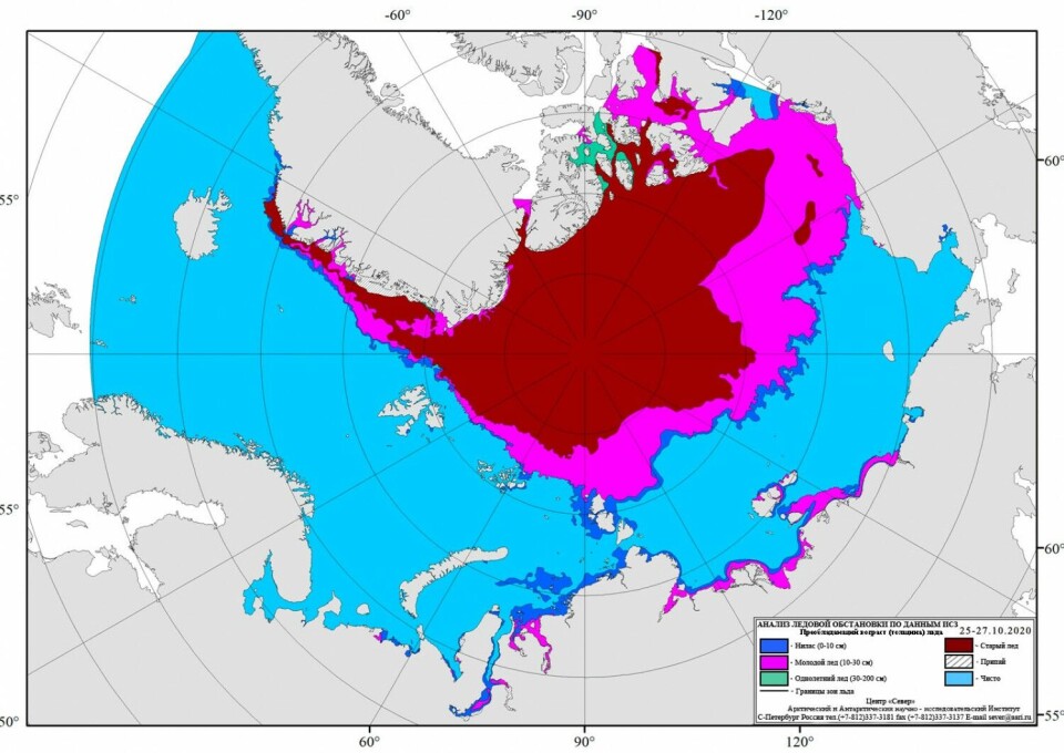 The Arctic ice sheet in late October 2020. Map by aari.no
