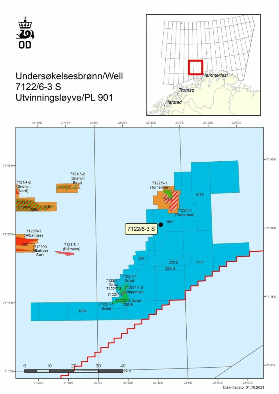 The Rødhette well is located 5 km south of the Tornerose and 30 north of the Goliat. Map by ndp.no