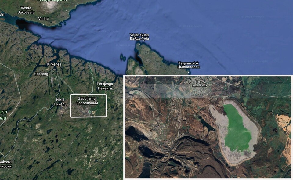 Major volumes of waste waters from the nickel industry are stored near downtown Zapolyarny and close to several local rivers, including the Pechenga River. Map: Google/Barents Observer