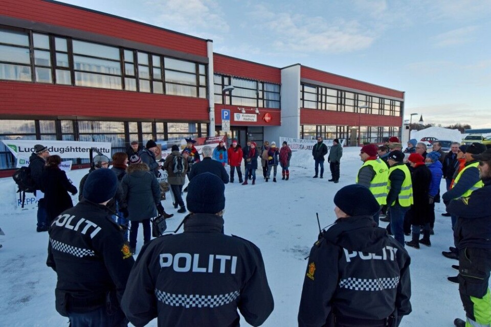 Sámi reindeer herders, local fishermen and environmental groups are against the mining plans. Here from a demonstration in the village of Kvalsund last winter. Photo: Thomas Nilsen