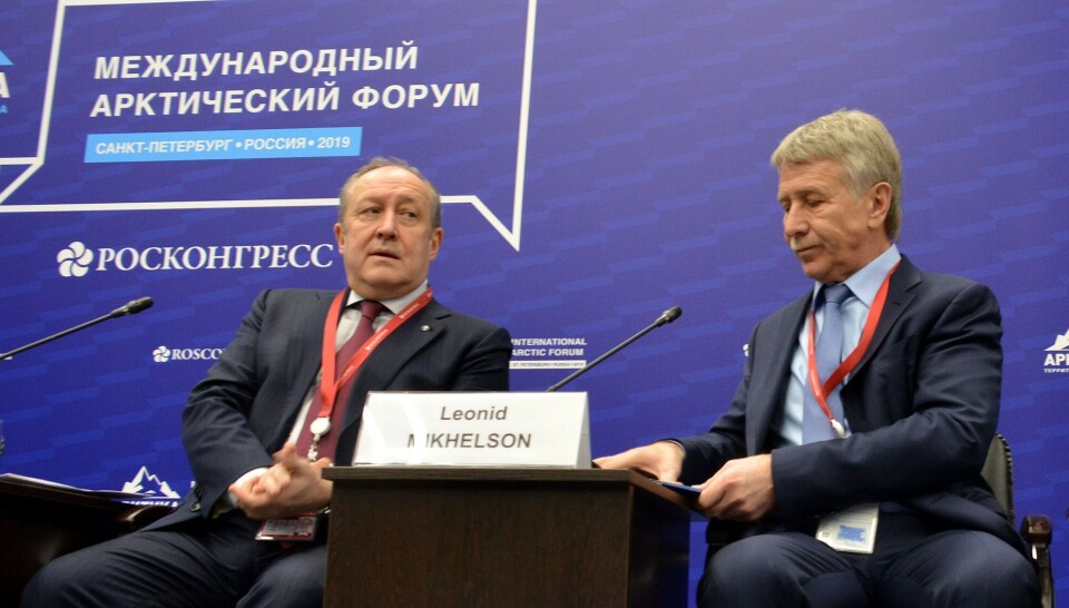 Руководители «Совкомфлота» и «Новатэка» Сергей Франк и Леонид Михельсон на форуме «Арктика — территория диалога» в Санкт-Петербурге в апреле 2019 года. Фото: Атле Столесен