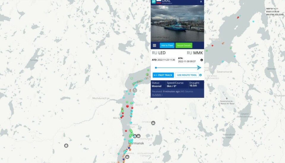 Заход «Урала» в порт Мурманск. Снимок экрана сайта MarineTraffic