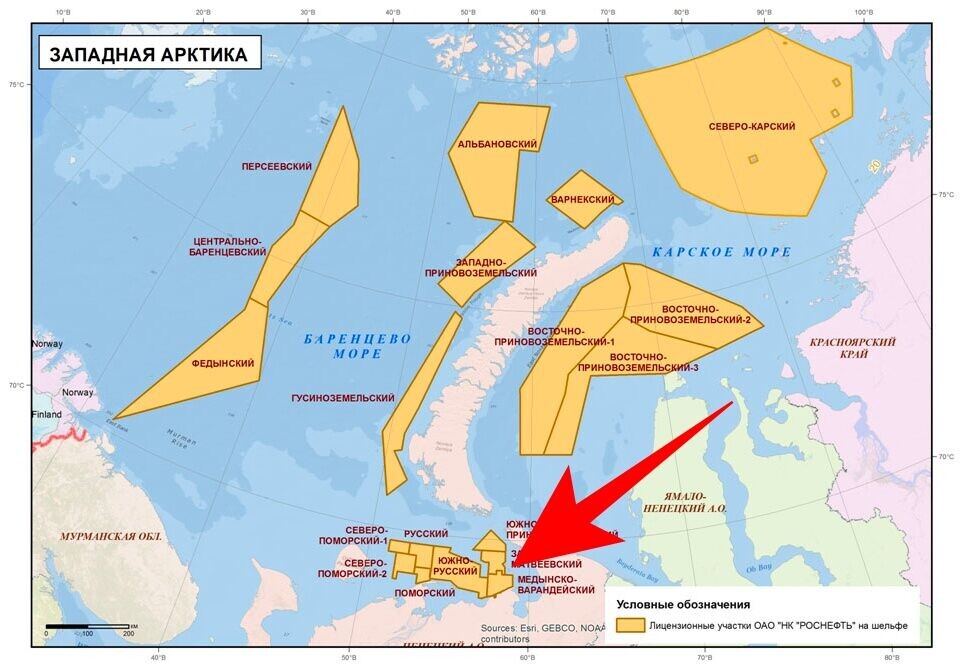 Rosneft controls a total of 28 license areas in Arctic waters, among the Medynsko-Varandeysky area in the Pechora Sea. Map by Rosneft