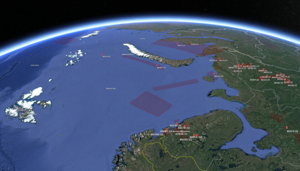 Areas marked red are Russian NOTAMs active for week 43 in the Barents- and Kara Seas. Civilian vessels, including fishing boats, will have to stay away as the Northern Fleet are making ready for exercises. Source: NotamMap / Google Earth / The Barents Observer