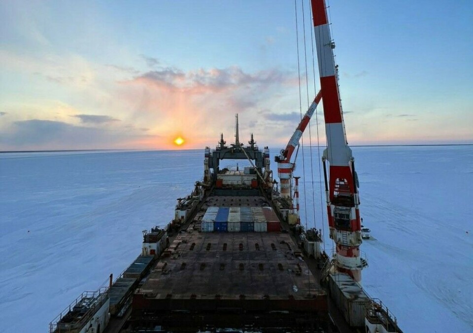 Nuclear-powered container carrier 'Sevmorput' unloads cargo on the river ice of the Yenisey. Photo: Rosatom