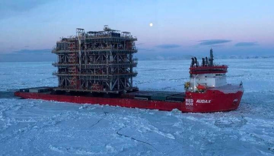 «Аудакс» с СПГ-модулем на Северном морском пути зимой 2022 года. Фото: «Новатэк»