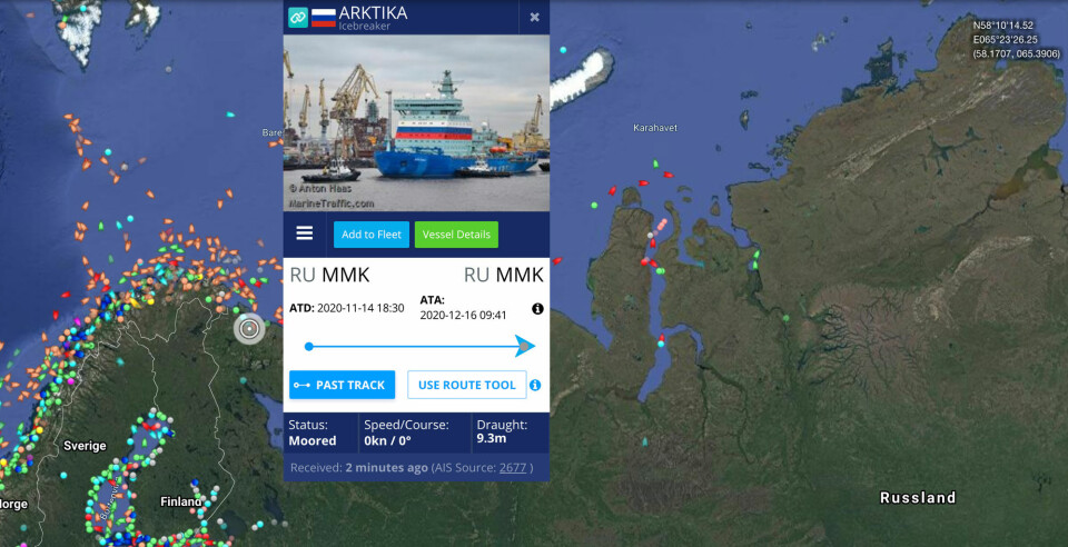 The Arktika has been in the Murmansk port since mid-December 2020. Map by MarineTraffic
