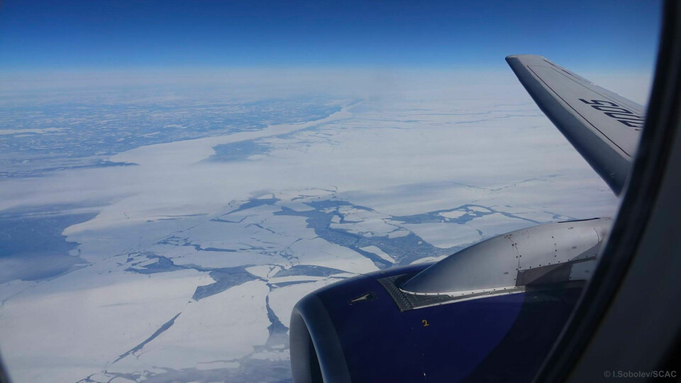 The Superjet 100 over icy waters. Photo: I. Sobolev/SCAC