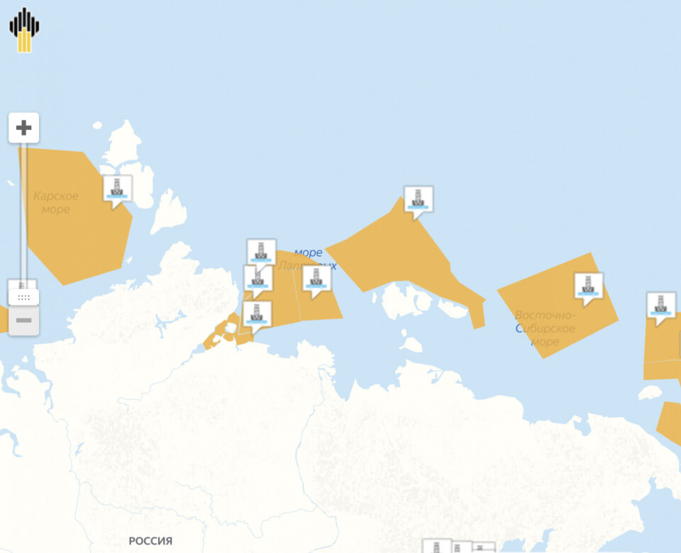 Rosneft controls a big number of license areas in Arctic waters, among them five in the Laptev Sea. Map by Rosneft