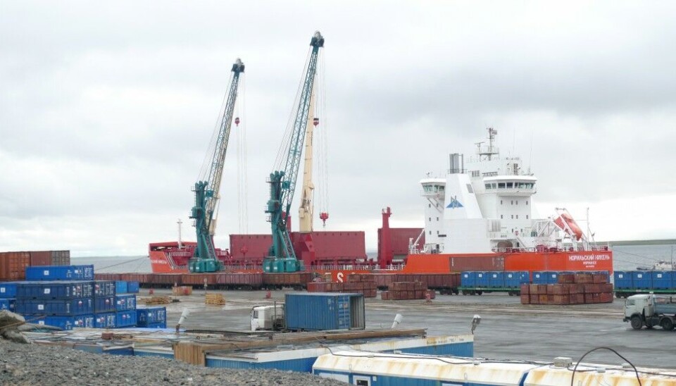 Loading onto one of Nornickel’s ice-strengtened vessels at the port of Dudinka by the Yenisey River. Photo: Thomas Nilsen