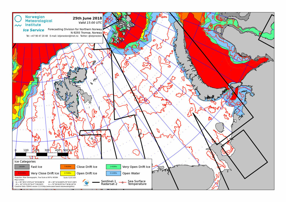 Ice conditions in Arctic waters, 25th June 2018. Map by met.no