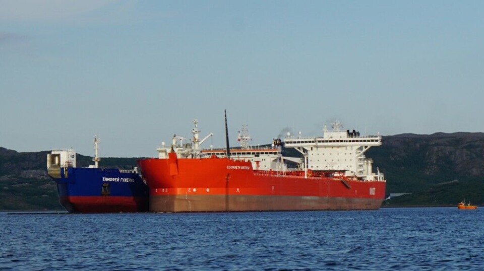Oil from Lukoil's Varandey port is shipped to Kirkenes in ice-classed tankers (left) and reloaded to normal oil-tankers transporting it to the European market. Photo: Thomas Nilsen