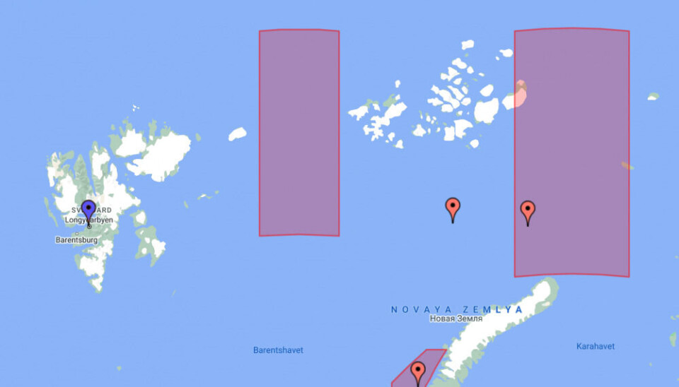 Russian military issued warnings for a large area east and west of Franz Josef Land this week. The western red-marked area partly overlaps into Norwegian EEZ east of Svalbard. Source: NotamMap.net