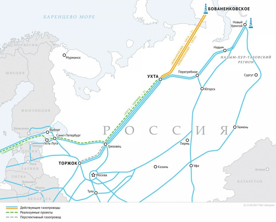 The Bovanenkovo field is connected with pipelines that supply Europe. Map by Gazprom