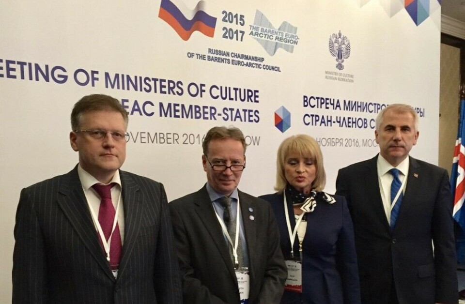 Key stakeholders. From left, Sergey Petrovich (Russian MFA), Kenneth Broman (Nordic Council of Ministers), Alla Manilova (Russian Ministry of Culture) and Vygaudas Usackas (EU Commission). Photo: Barentscooperation.org