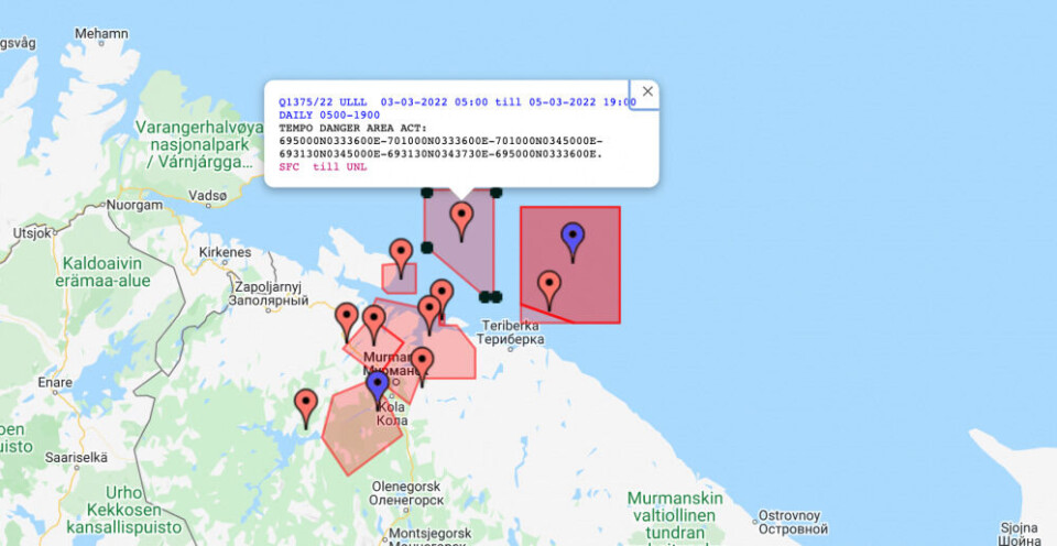 The military danger areas activated for March 1-7 outside the coast of Russia’s Kola Peninsula. Screenshot from Notammap.net