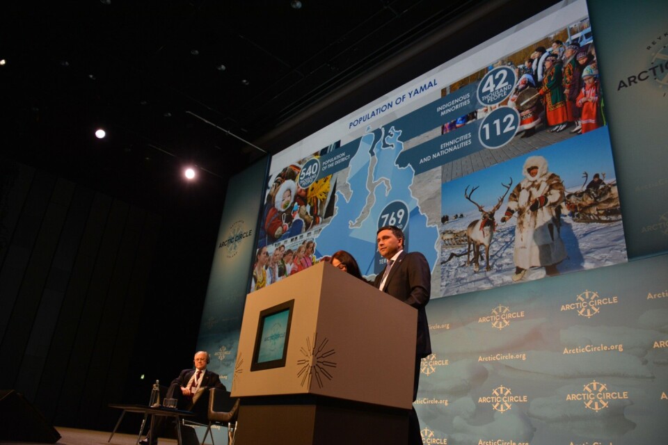 Dmitry Kobylkin presents his region at the Arctic Circle in Reykjavik, 2016. Photo: Atle Staalesen