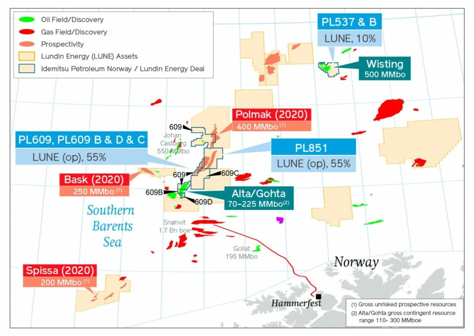 Lundin Energy has a big number of licenses and license stakes in the Southern Barents Sea. Map by Lundin Energy