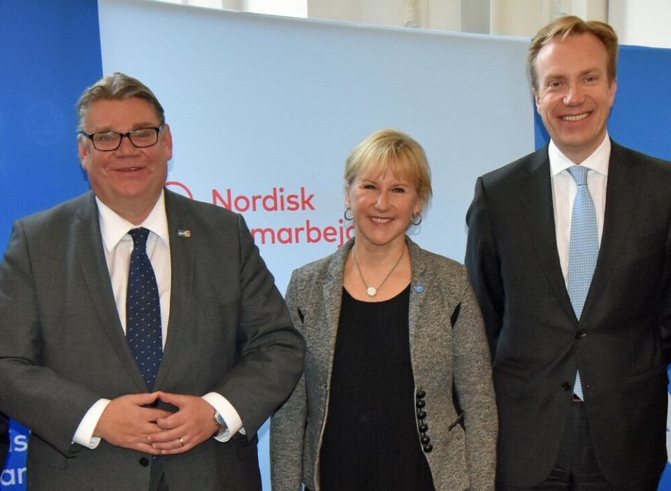Foreign Ministers of Finland, Sweden and Norway. From left Timo Soini, Margot Wallström and Børge Brende. Photo: Thomas Nilsen