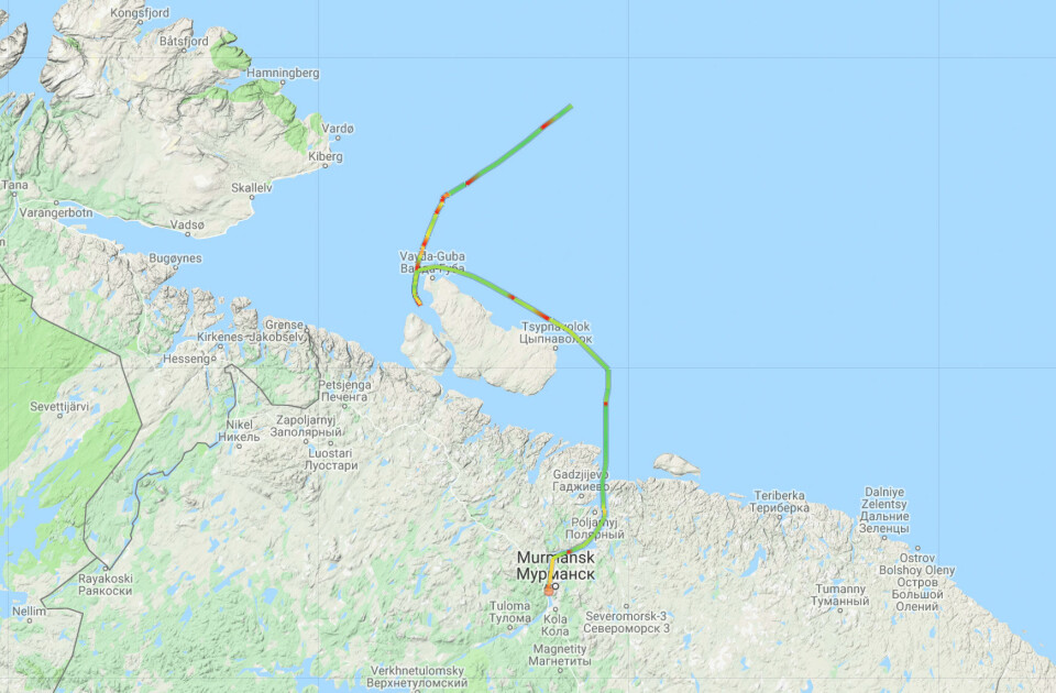 The sailing of the “Arctic Swan” ahead of its arrival in Murmansk. Map by MarineTraffic