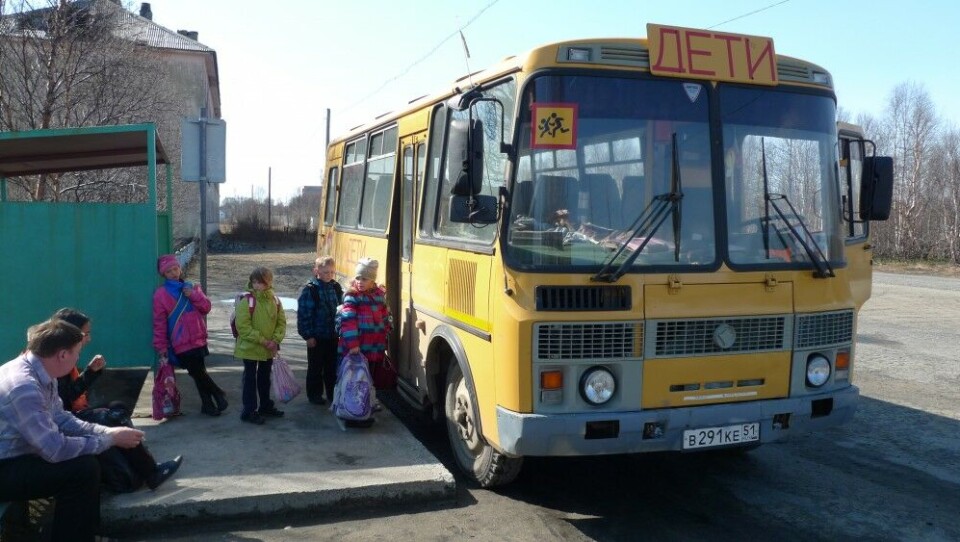 School bus brings pupils from the military garrisons in the Pechenga region to the Korzunovo children school. Photo: Thomas Nilsen