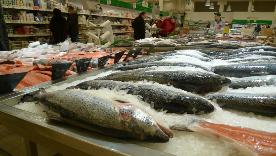 Salmon and trout on sale at a supermarket in Murmansk. Photo: Thomas Nilsen