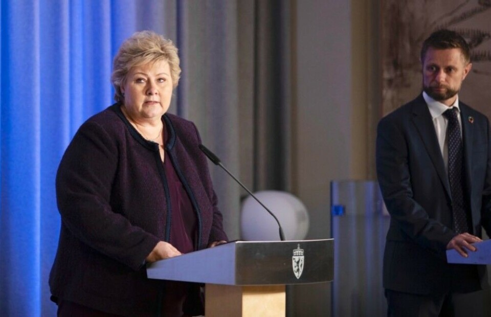 Prime minister Erna Solberg and minister of health care services Bent Høie at Tuesday’s press conference in Oslo. Photo: Jan Richard Kjelstrup, ASD