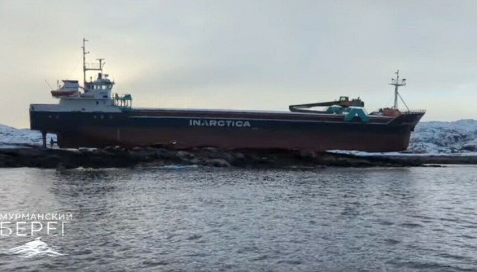 The Aleksandr Gusev is owned by fish farmer Inarctica and used to shuttle along the coast of the Kola Peninsula with fish food. Photo: screenshot of video by Murmanskcoast on VK