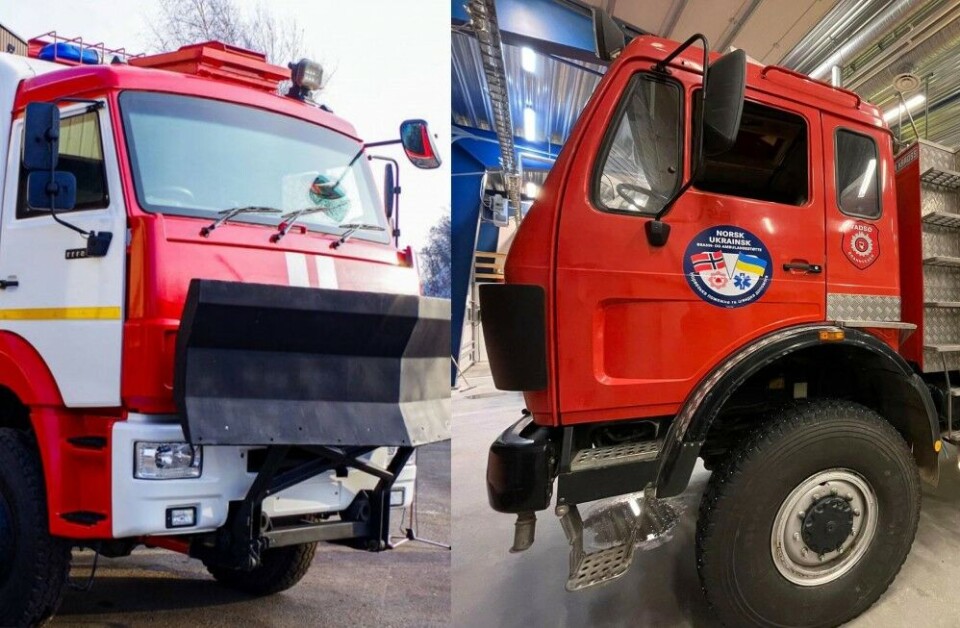 The fire truck from Murmansk (left) has armoured protection in the front. The fire truck from Vadsø is likely Europe's northernmost sent in support to Ukraine. Photo collage from Telegram / Facebook