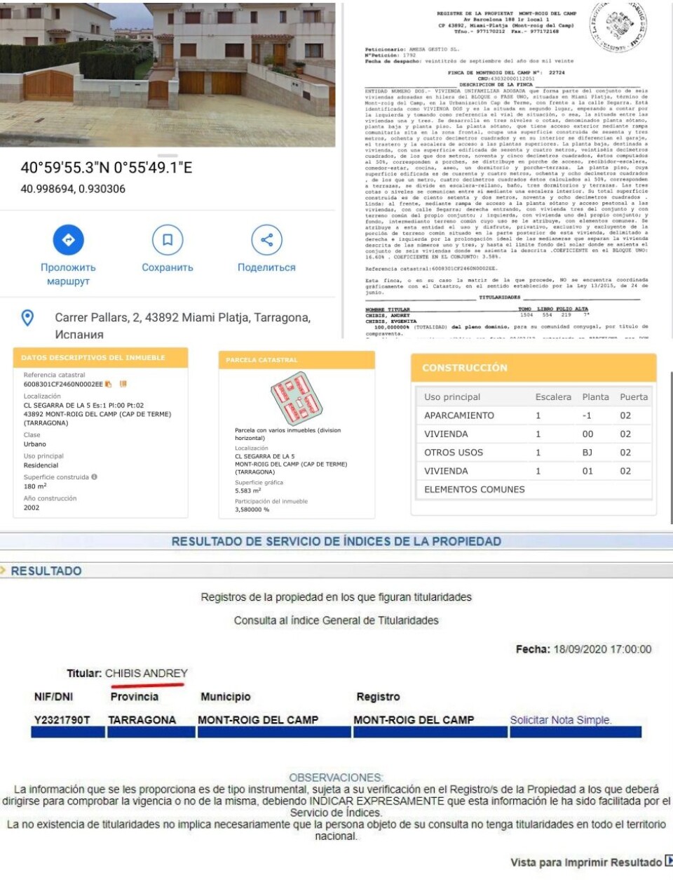 Real estate information about Andrei Chibis’ property in Spain collected by Violetta Grudina and members of the Navalny team in Murmansk.