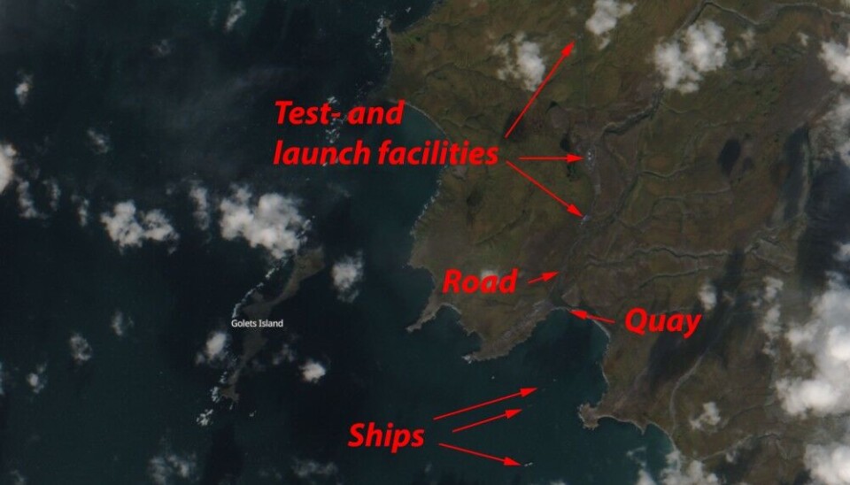 A September 14 satellite image of the Pankovo test site at Novaya Zemlya in the Russian Arctic. Satellite image by Sentinel, graphics by Barents Observer