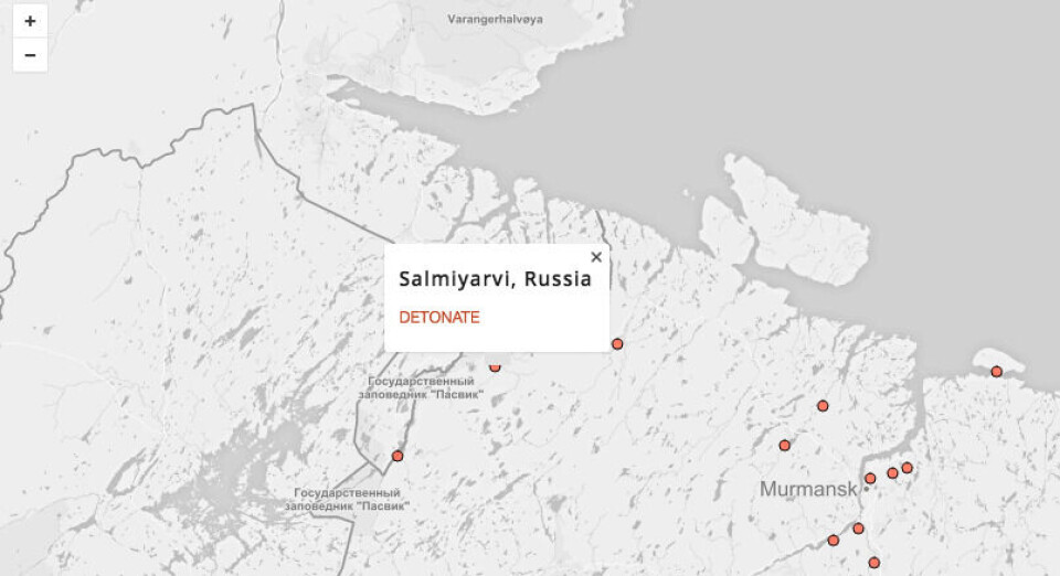 Salmijervi is marked on the interactive map of possible nuclear weapon targets in the late 1950ies. The other dots are also listed. Screenshot of map by the Future of Life Institute.