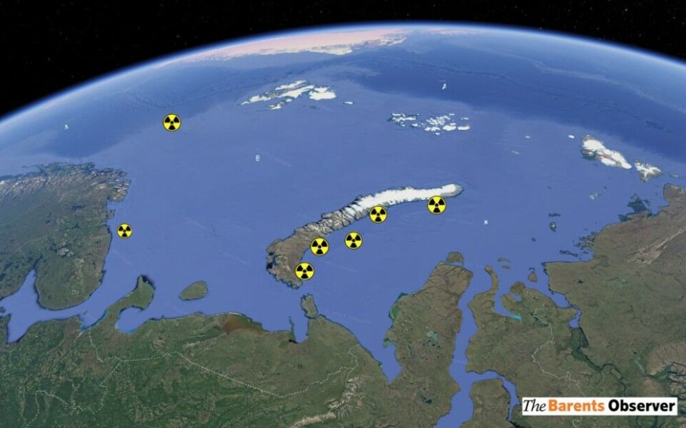 Reactors are dumped at several locations in the Kara Sea in addition to the two submarines K-159 and K-278 that sank in the Barents- and Norwegian Seas. Map: Barents Observer / Google Earth