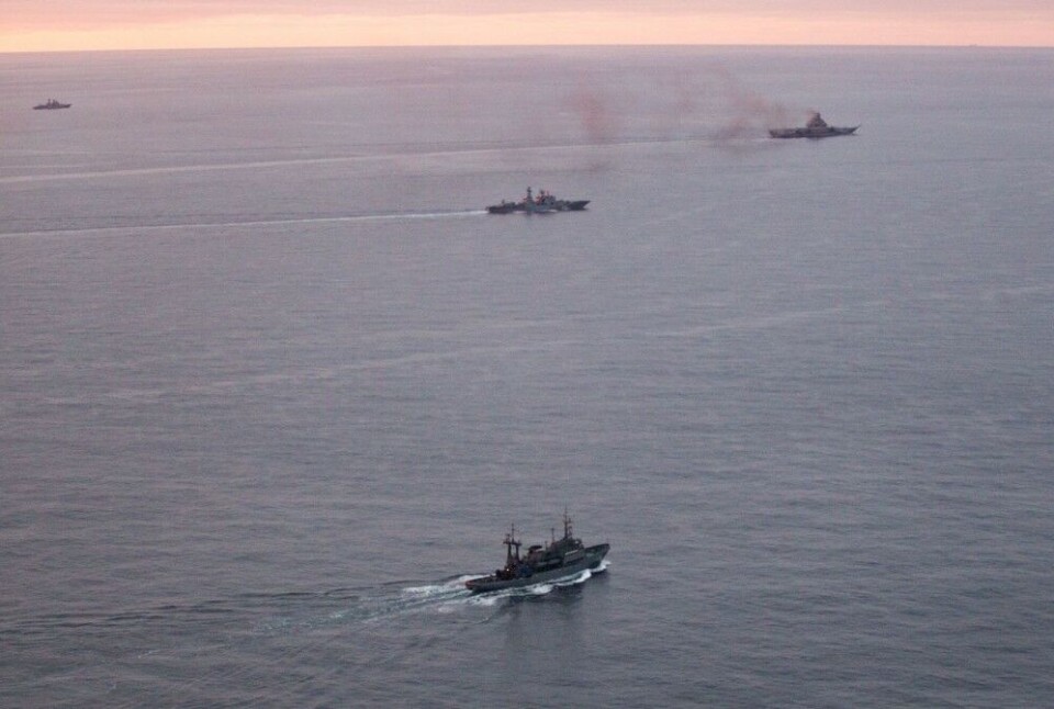 The group of naval vessels sails in formation outside the coast of Norway on Tuesday. In front, aircraft-carrier 'Admiral Kuznetsov'. Photo: 333 Squadron / Norwegian Defence