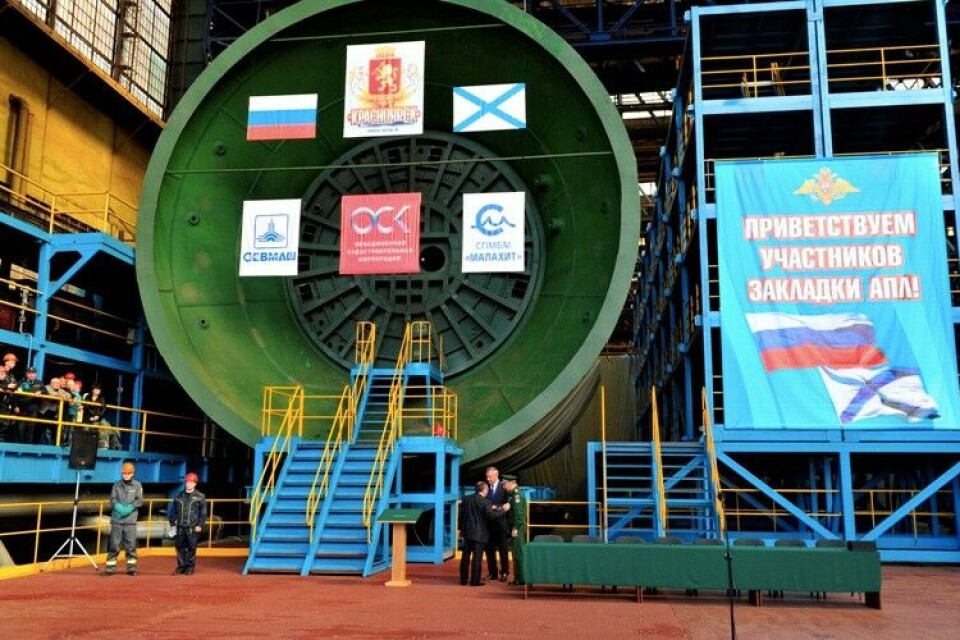 The Sevmash Yard now has a total of seven nuclear subs under construction, of them four strategic Borey-class vessels. Here from the laying of the keep of the 'Knyaz Oleg' in July 2014. Photo: Sevmash.ru