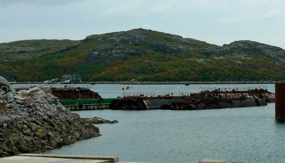 Reactor compartments from decommissioned submarines were floating at piers in Saida Bay, Kola Peninsula. Photo: Thomas Nilsen