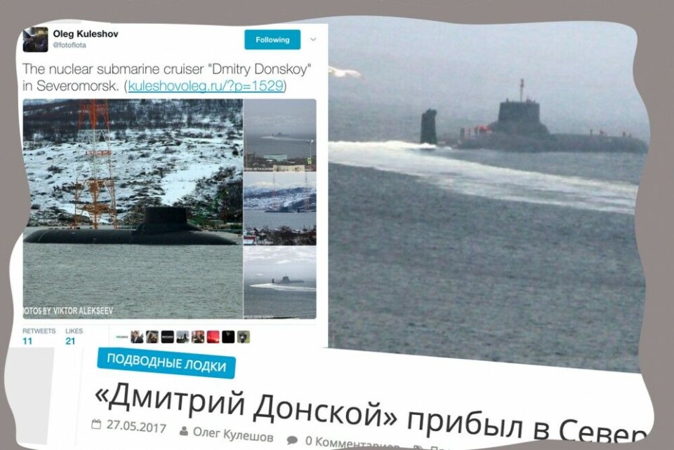 Photo collage of tweets posted last weekend with different photos of 'Dmitry Donskoy' sailing out from Okelnaya Bay near Severomorsk on the Kola Peninsula. For more photos visit Oleg Kuleshov's twitter: @fotoflota