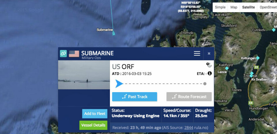 The northbound route of the US Navy submarine sailing outside northern Norway was possible to track on MarineTraffic.com