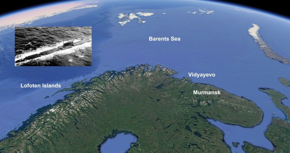 Northern Fleet submarine K-131 had been on mission in the Lofoten area outside Norway when the fire broke out. Map: Google / Barents Observer