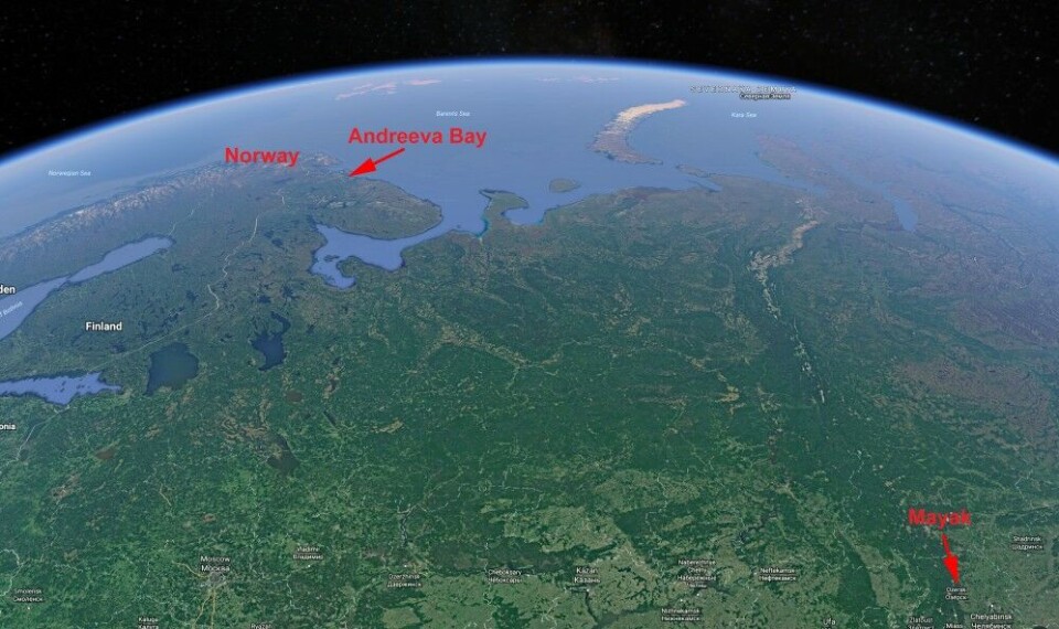 Mayak reprocessing plant i the South Urals is more than 3,000 kilometers from the Kola Peninsula. Map: Barents Observer / Google Earth