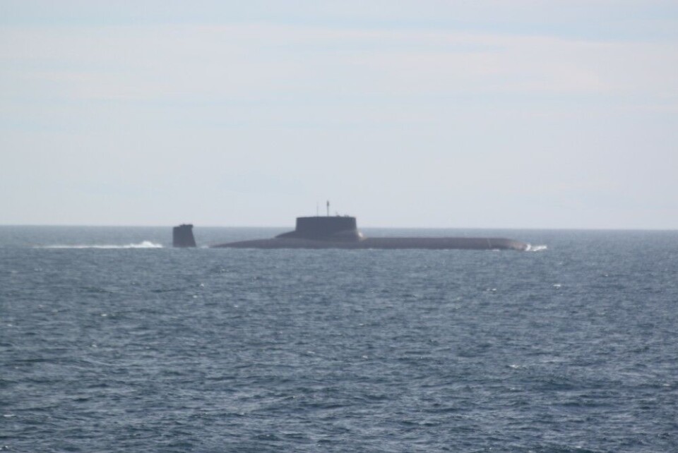 The Typhoon submarine has been sailing in surface position all along the coast of Norway. Photo: K/V Sortland, Norwegian Coast Guard.